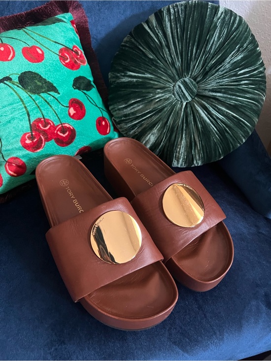 Tory Burch Shoes - Tory Burch Brown Leather Gold Medallion Hardware Slide Sandals – Size 9.5
